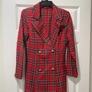 NWOT SHEIN Red Plaid Double Breasted Blazer
